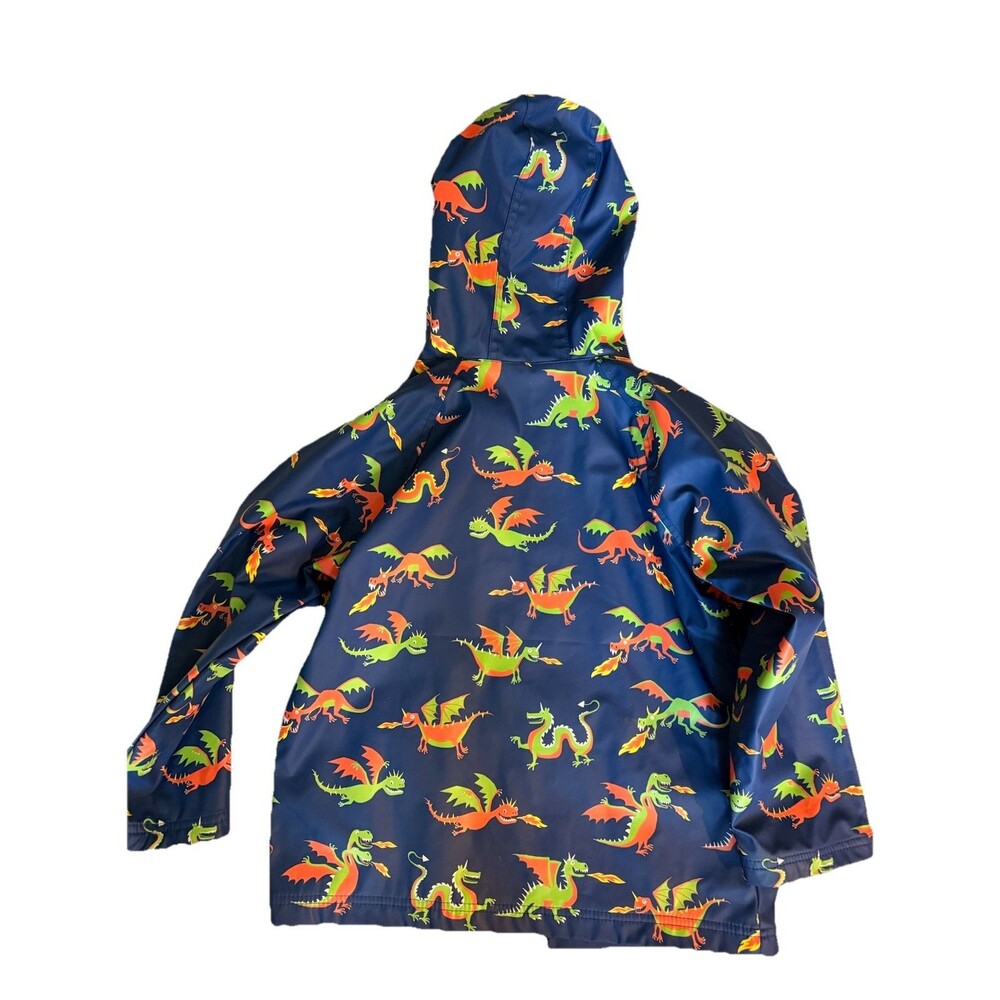 Hatley Boys Rain Jacket Blue Dragons Green Cloth Lined Hood Snap Close Size 7 - Picture 2 of 7